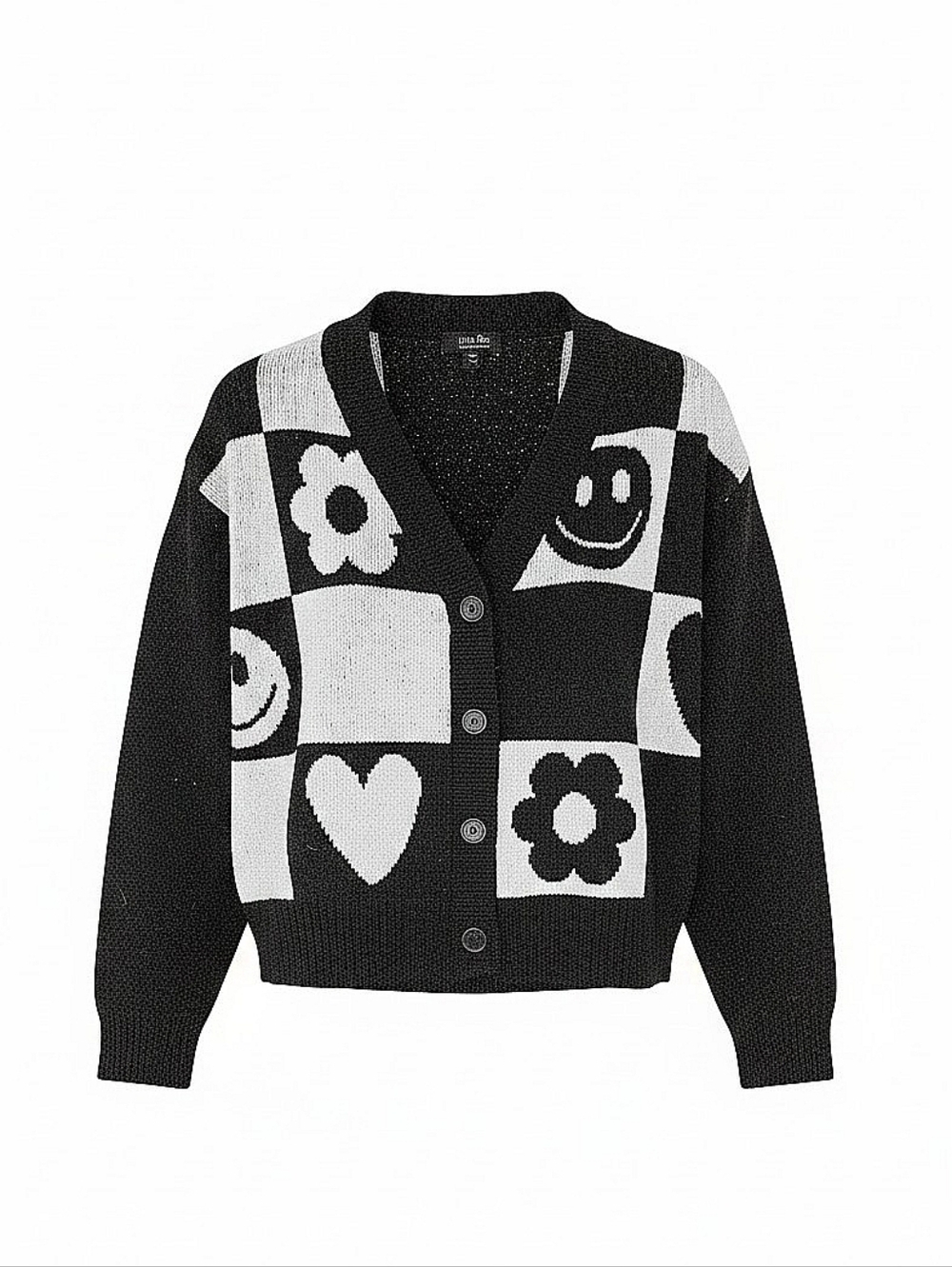 NWT! Witty Fox Graphic Checkerboard Heart & Flower Cardigan - Black & White